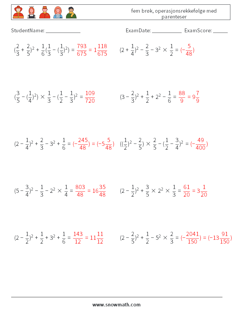 (10) fem brøk, operasjonsrekkefølge med parenteser MathWorksheets 3 QuestionAnswer