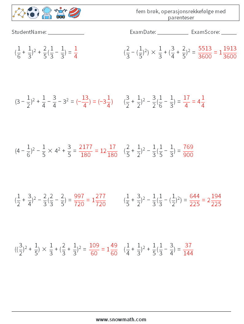 (10) fem brøk, operasjonsrekkefølge med parenteser MathWorksheets 4 QuestionAnswer