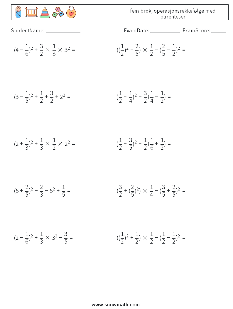 (10) fem brøk, operasjonsrekkefølge med parenteser MathWorksheets 5