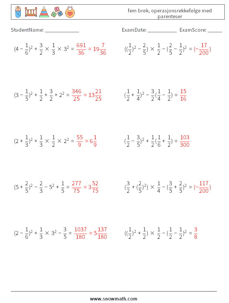 (10) fem brøk, operasjonsrekkefølge med parenteser MathWorksheets 5 QuestionAnswer