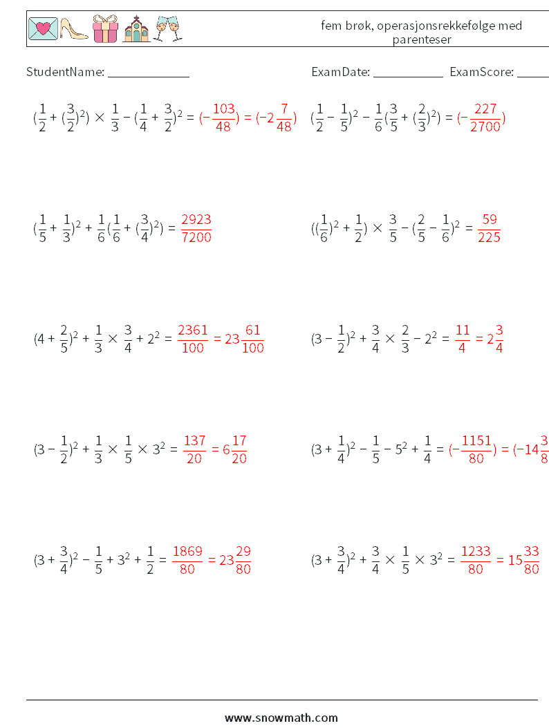 (10) fem brøk, operasjonsrekkefølge med parenteser MathWorksheets 6 QuestionAnswer