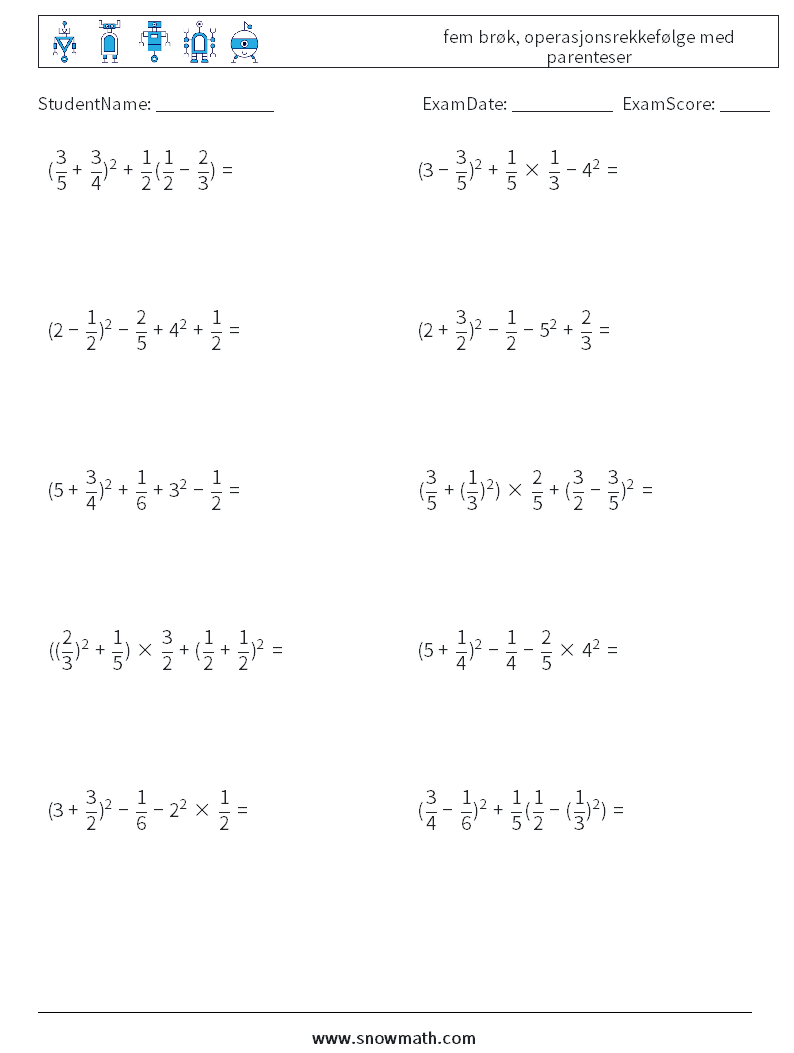 (10) fem brøk, operasjonsrekkefølge med parenteser MathWorksheets 7