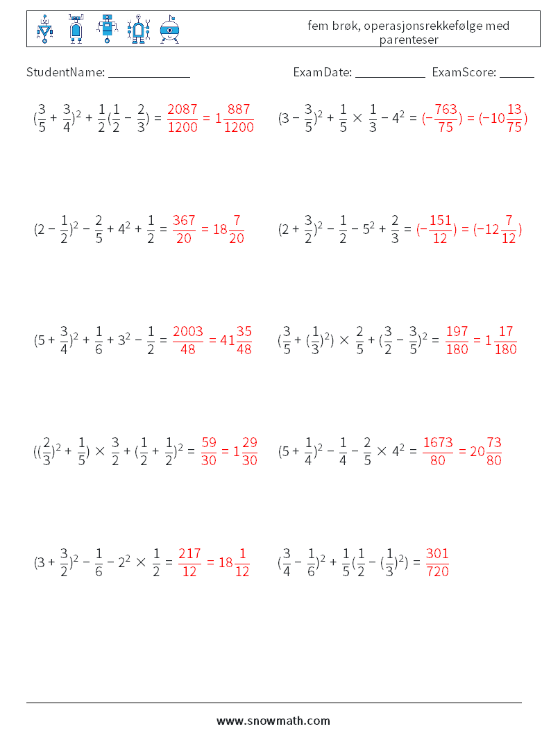 (10) fem brøk, operasjonsrekkefølge med parenteser MathWorksheets 7 QuestionAnswer