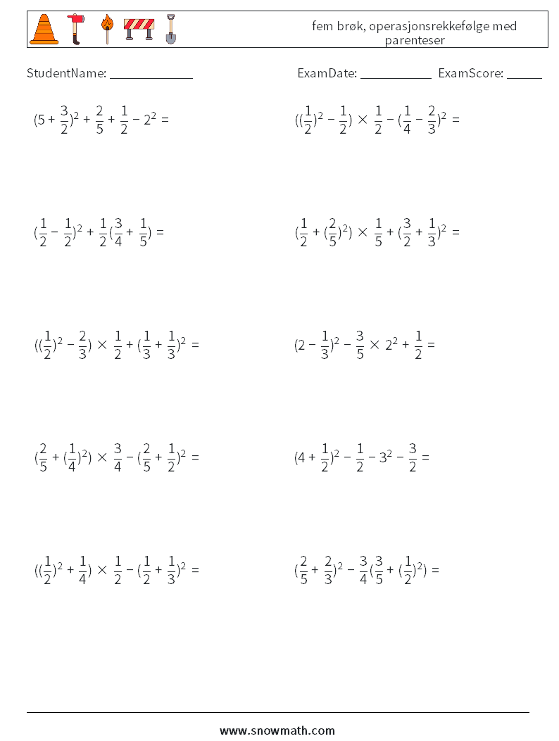 (10) fem brøk, operasjonsrekkefølge med parenteser MathWorksheets 8