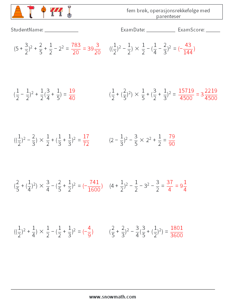 (10) fem brøk, operasjonsrekkefølge med parenteser MathWorksheets 8 QuestionAnswer