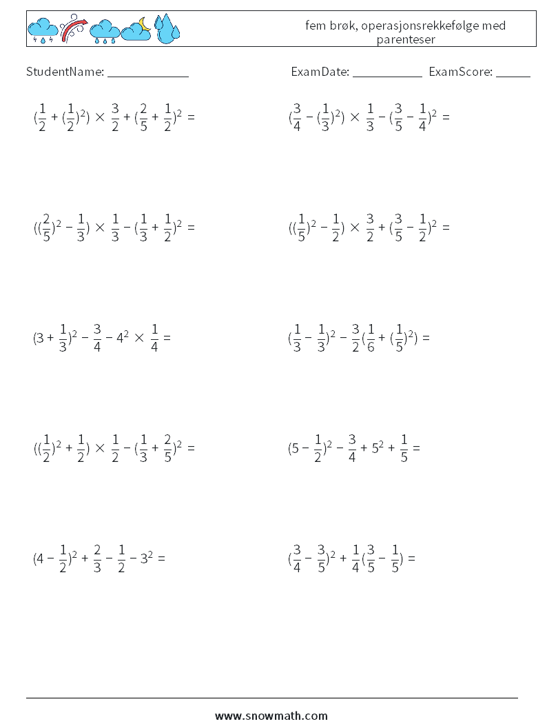 (10) fem brøk, operasjonsrekkefølge med parenteser MathWorksheets 9