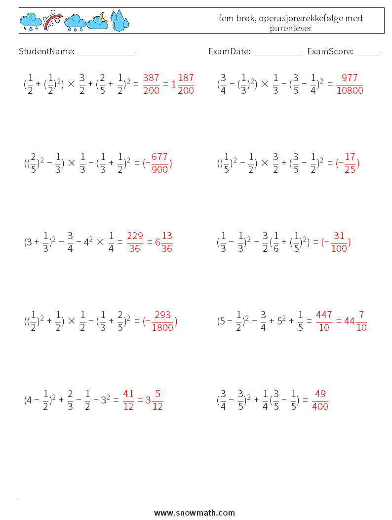 (10) fem brøk, operasjonsrekkefølge med parenteser MathWorksheets 9 QuestionAnswer