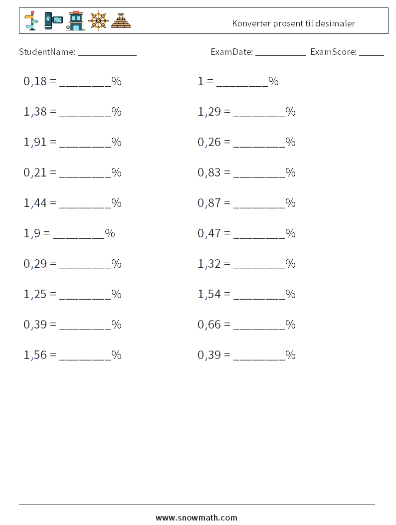 Konverter prosent til desimaler MathWorksheets 1