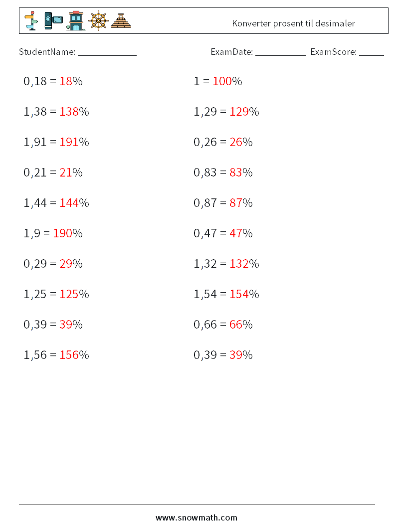 Konverter prosent til desimaler MathWorksheets 1 QuestionAnswer