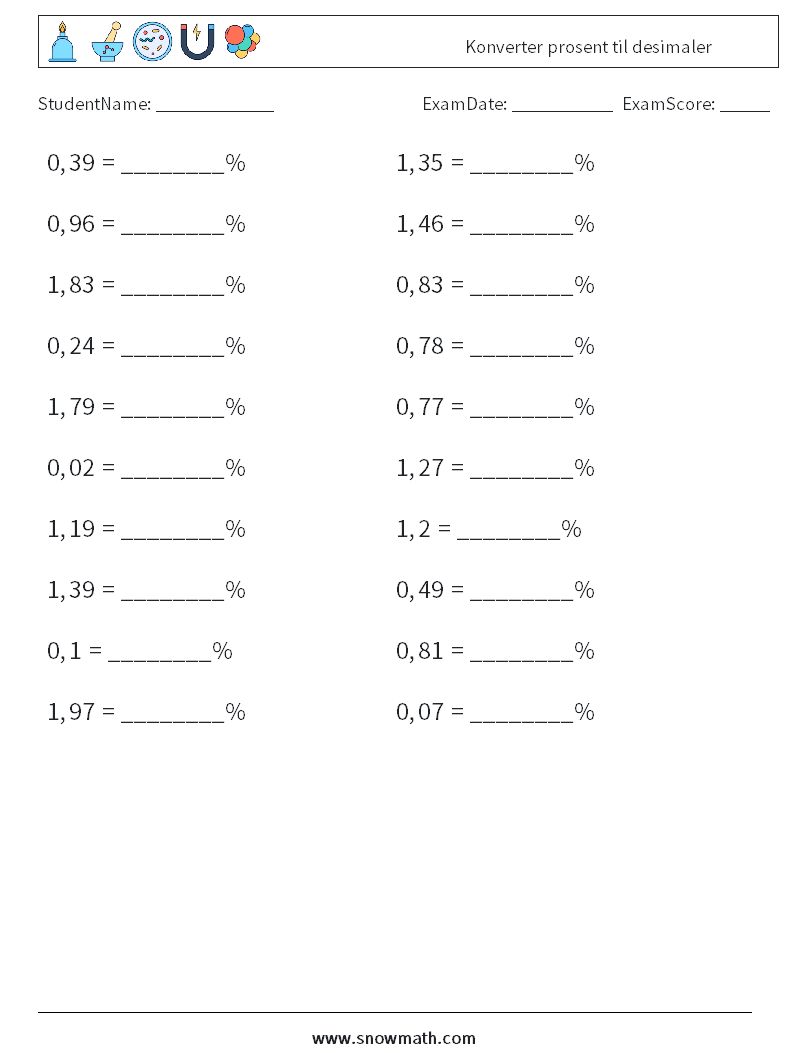 Konverter prosent til desimaler MathWorksheets 3