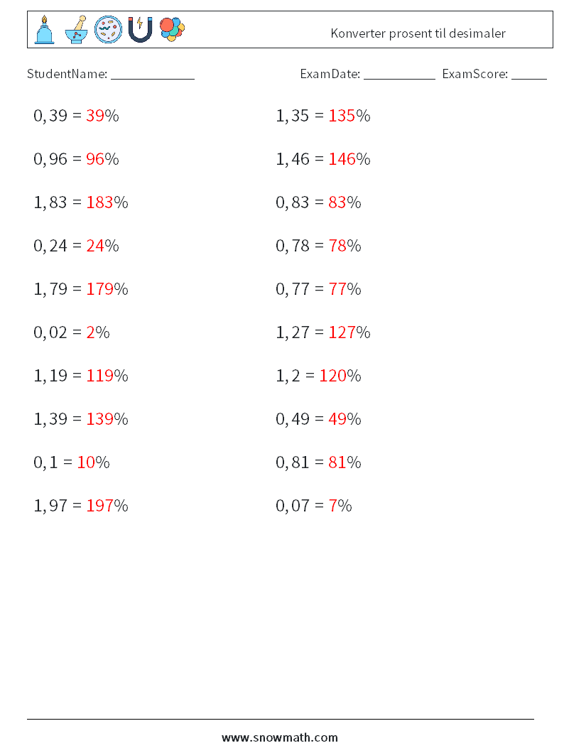 Konverter prosent til desimaler MathWorksheets 3 QuestionAnswer