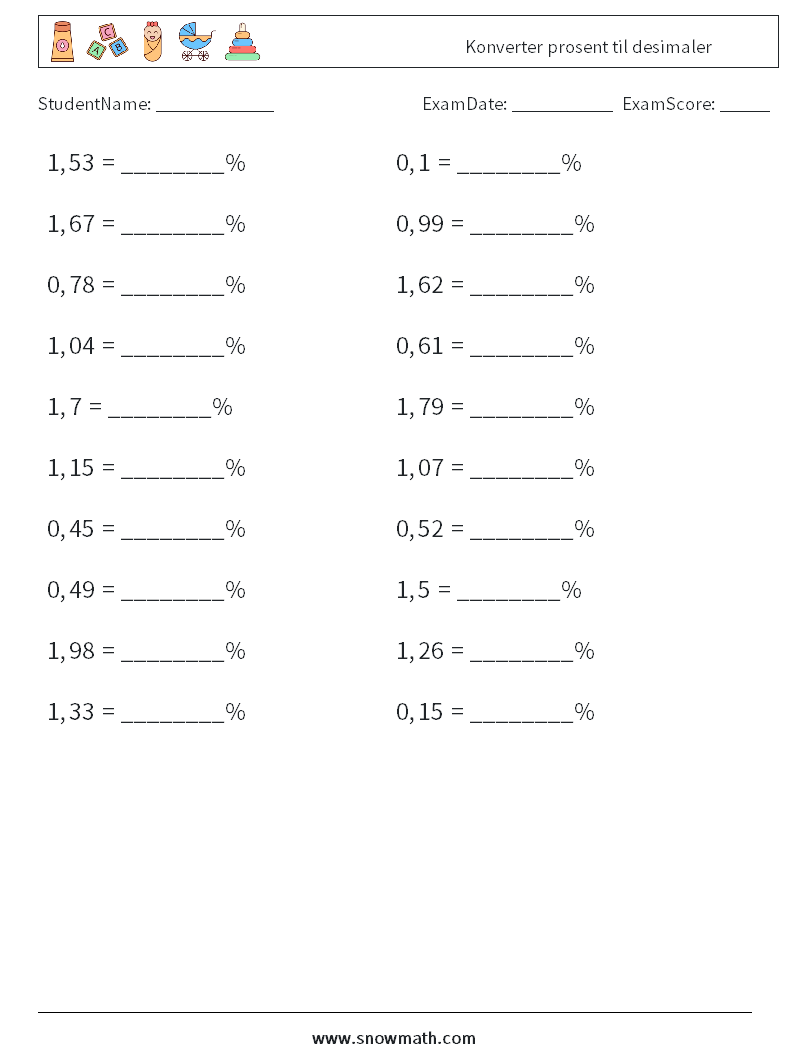 Konverter prosent til desimaler MathWorksheets 4