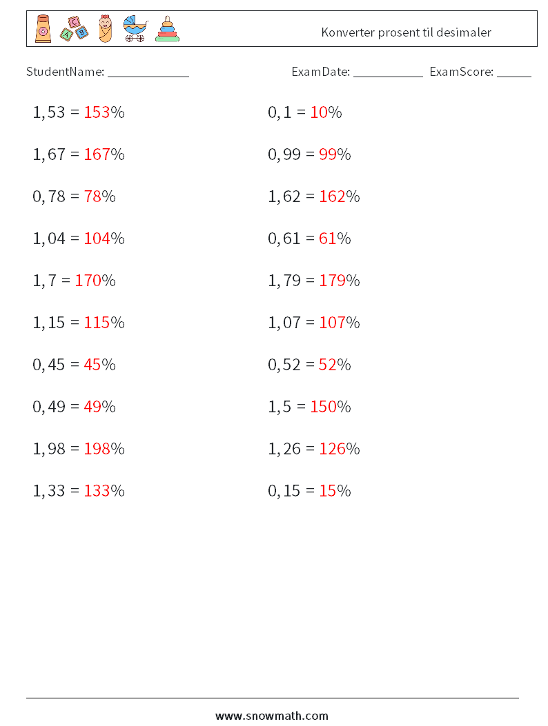 Konverter prosent til desimaler MathWorksheets 4 QuestionAnswer