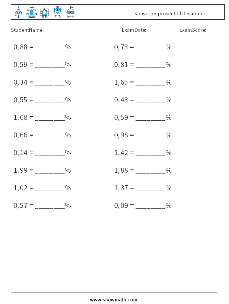 Konverter prosent til desimaler MathWorksheets 5