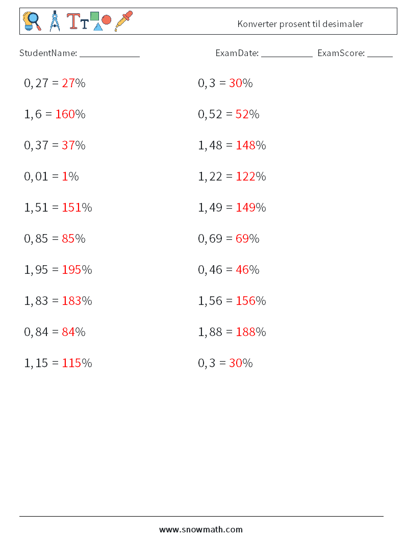 Konverter prosent til desimaler MathWorksheets 6 QuestionAnswer