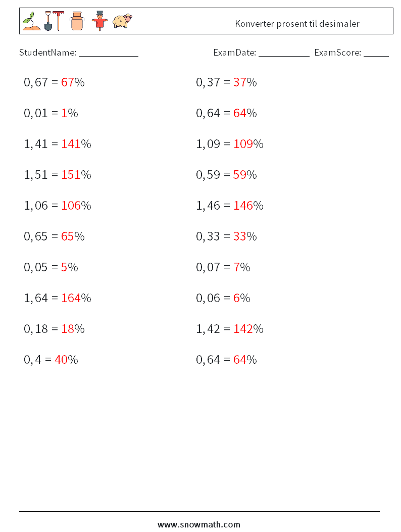 Konverter prosent til desimaler MathWorksheets 7 QuestionAnswer