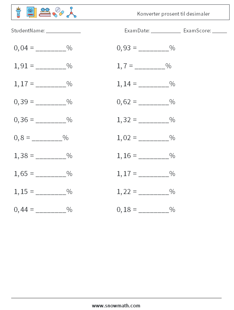 Konverter prosent til desimaler MathWorksheets 8