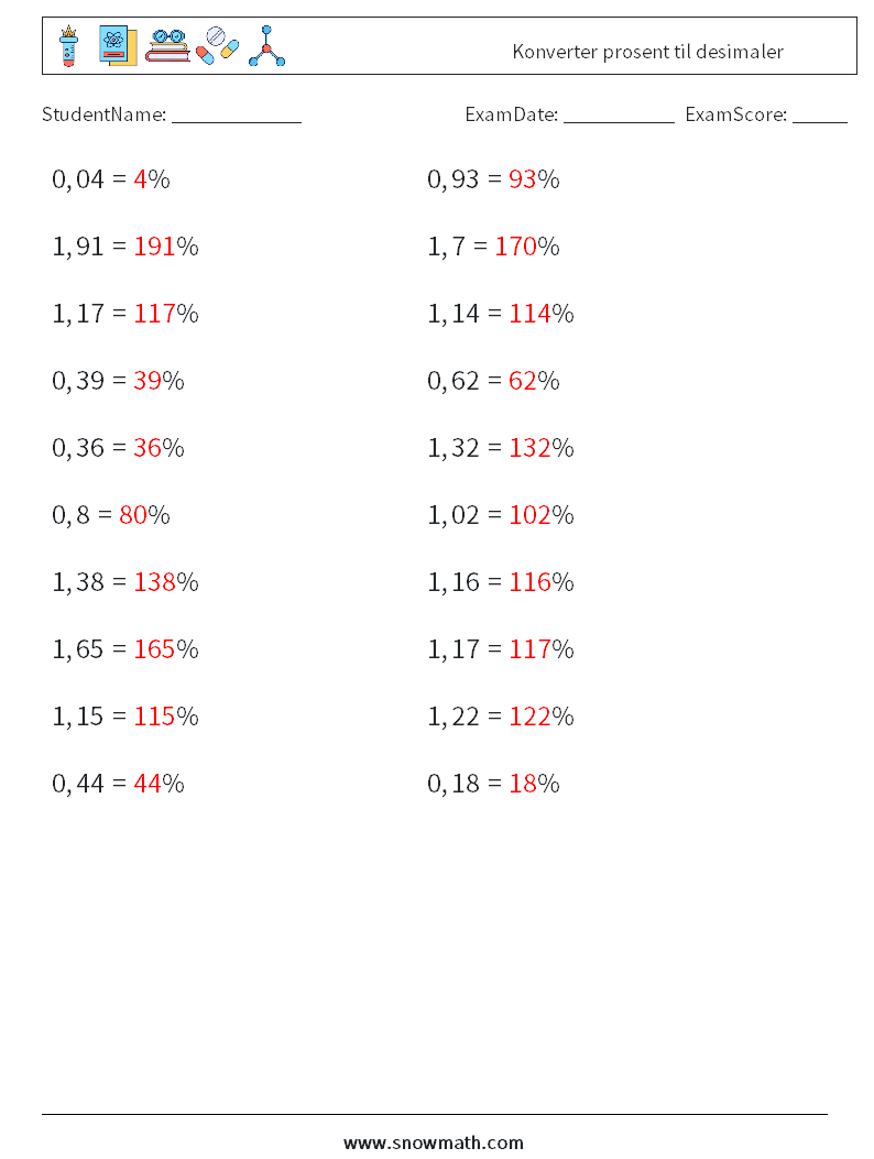 Konverter prosent til desimaler MathWorksheets 8 QuestionAnswer