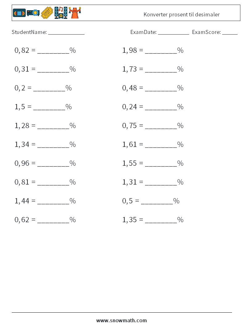 Konverter prosent til desimaler MathWorksheets 9