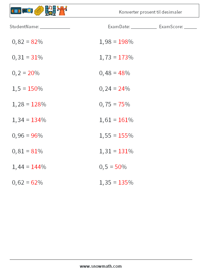 Konverter prosent til desimaler MathWorksheets 9 QuestionAnswer