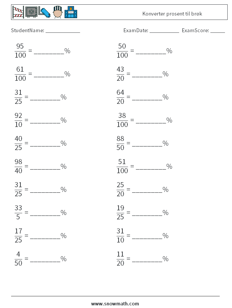 Konverter prosent til brøk MathWorksheets 1