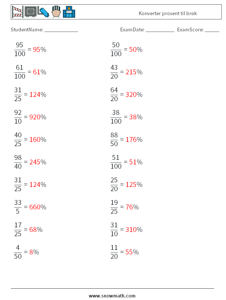 Konverter prosent til brøk MathWorksheets 1 QuestionAnswer