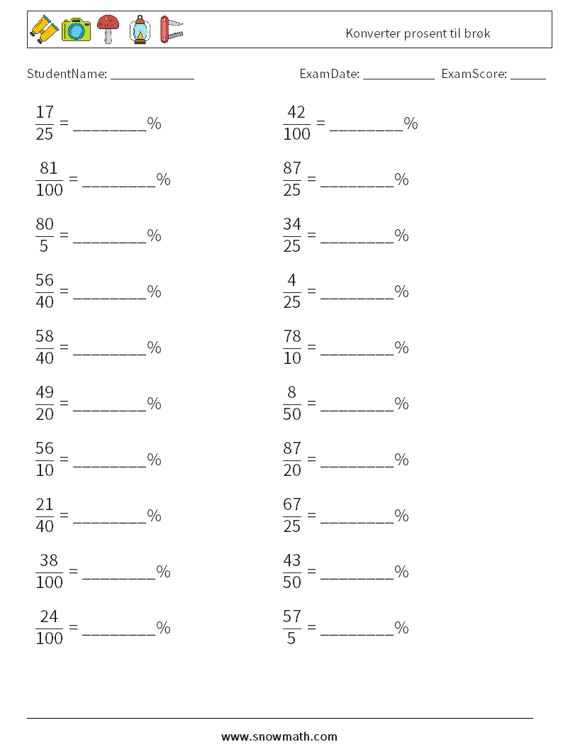 Konverter prosent til brøk MathWorksheets 2