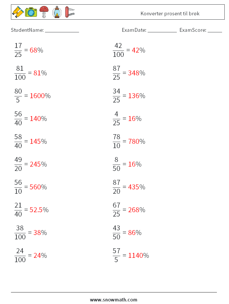 Konverter prosent til brøk MathWorksheets 2 QuestionAnswer