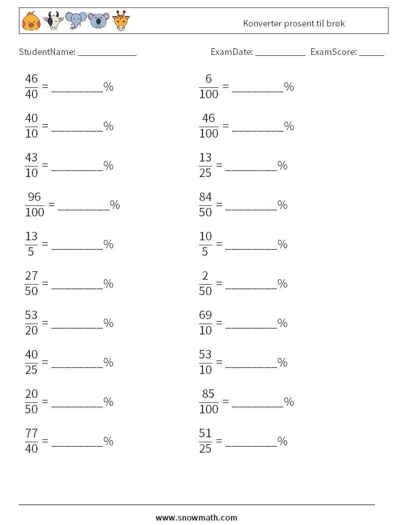 Konverter prosent til brøk MathWorksheets 3