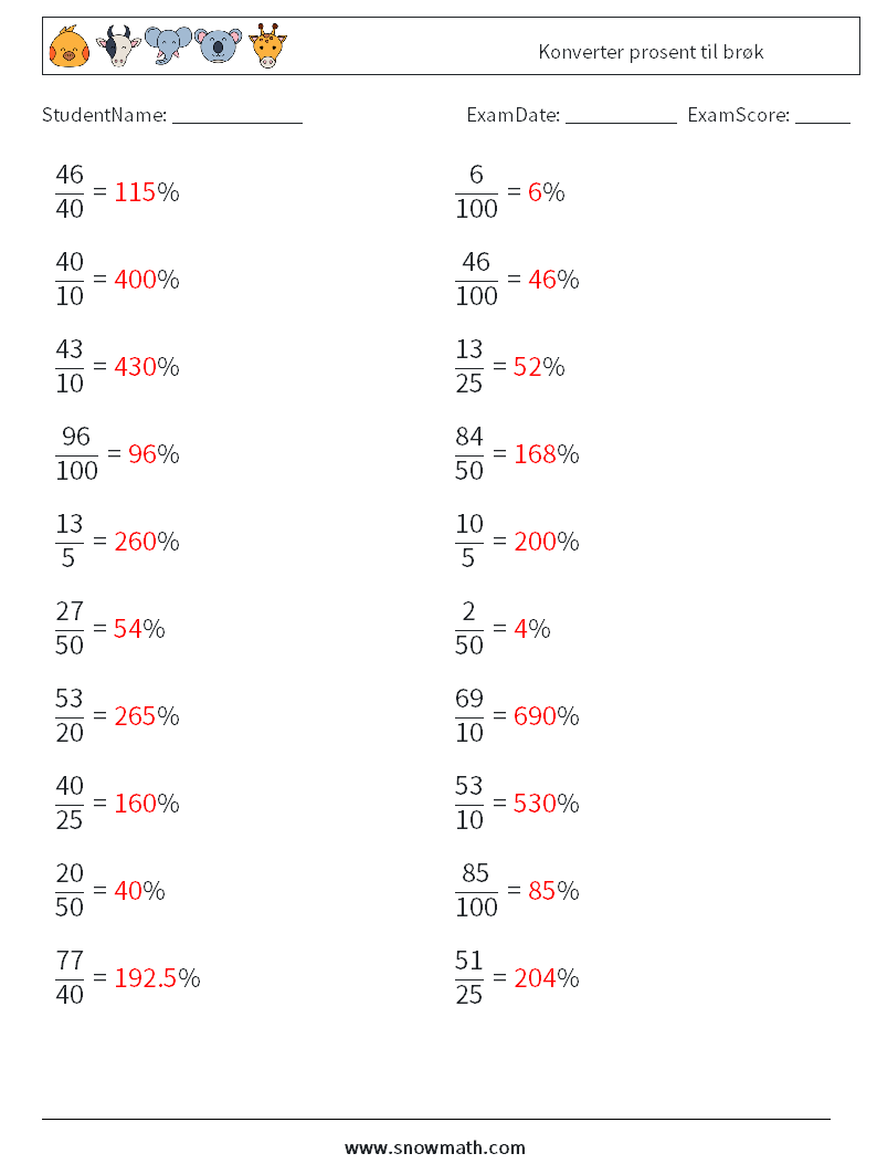 Konverter prosent til brøk MathWorksheets 3 QuestionAnswer