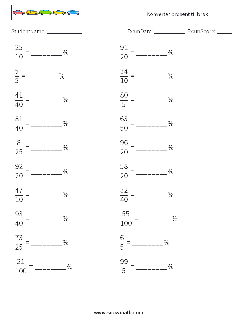 Konverter prosent til brøk MathWorksheets 4