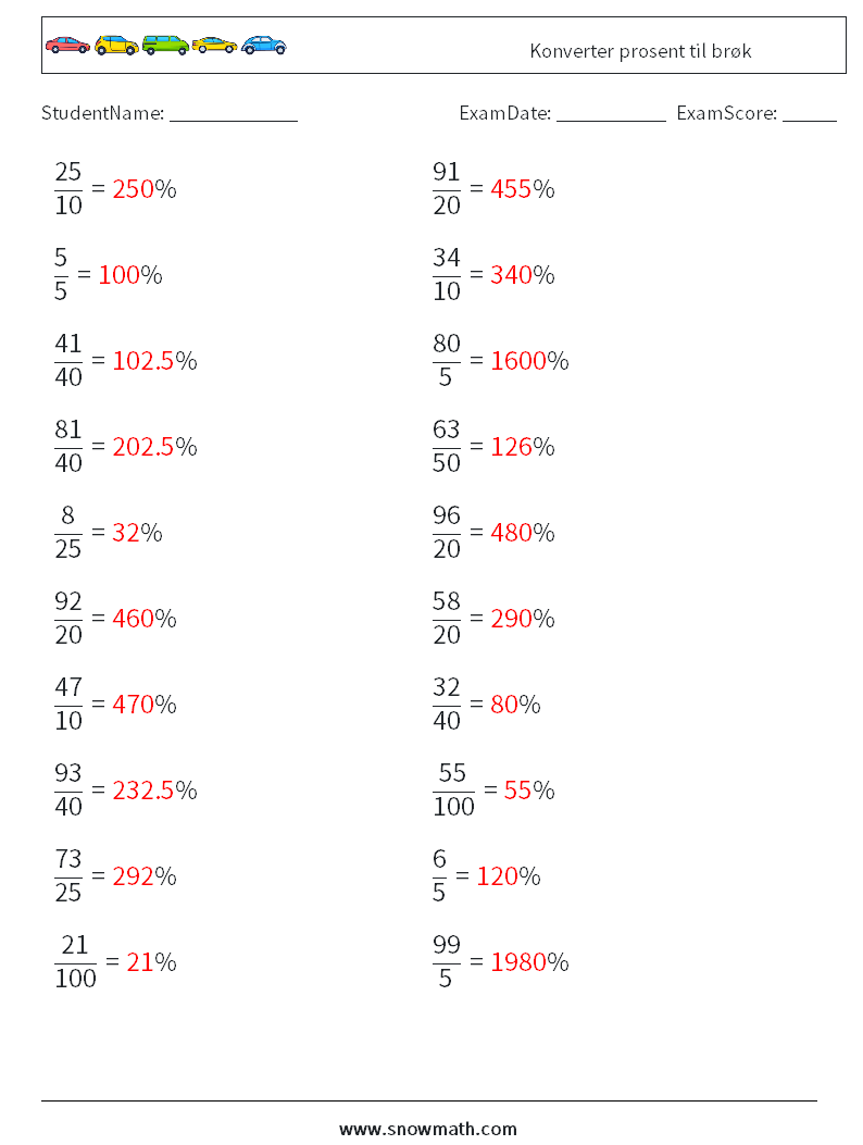 Konverter prosent til brøk MathWorksheets 4 QuestionAnswer