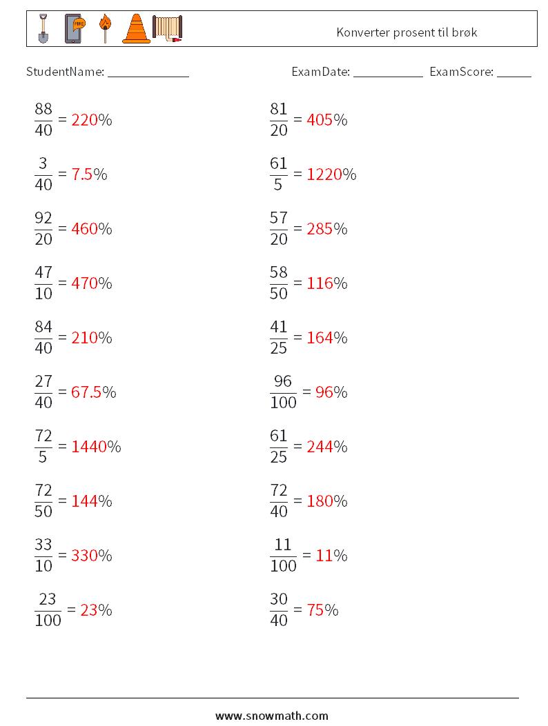 Konverter prosent til brøk MathWorksheets 5 QuestionAnswer