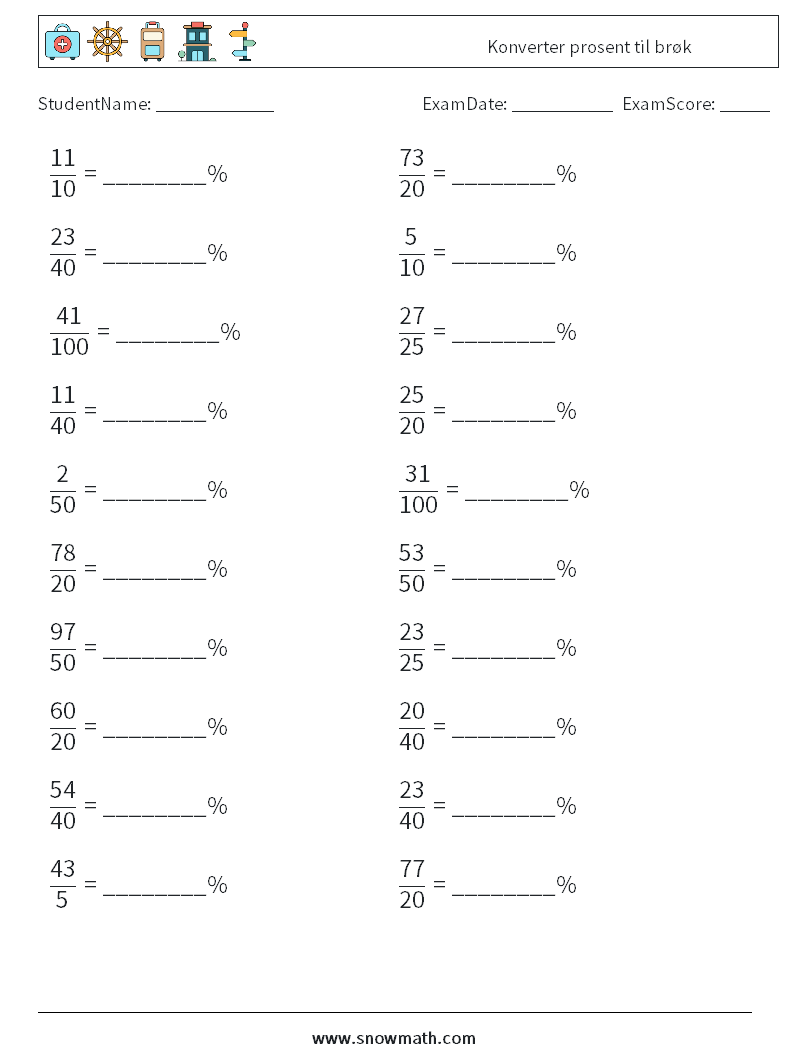 Konverter prosent til brøk MathWorksheets 6