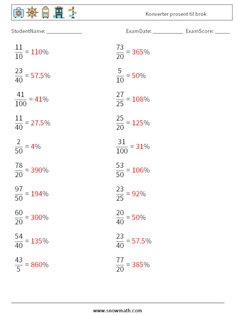 Konverter prosent til brøk MathWorksheets 6 QuestionAnswer