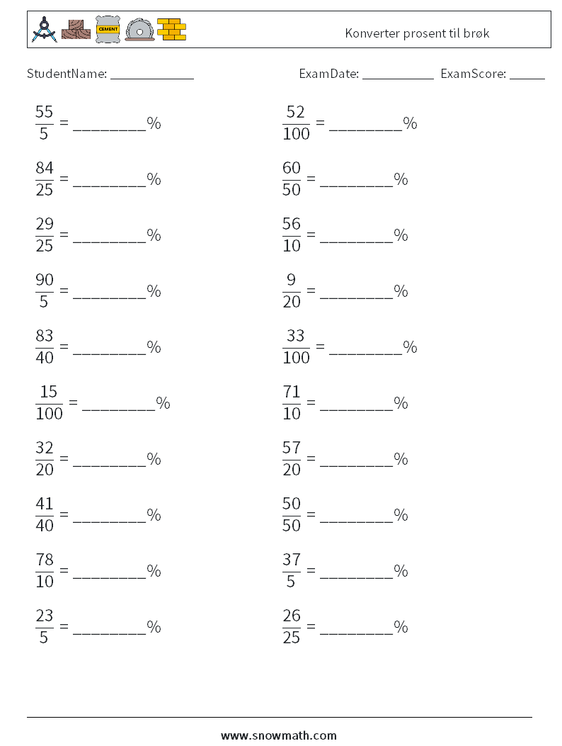 Konverter prosent til brøk MathWorksheets 7