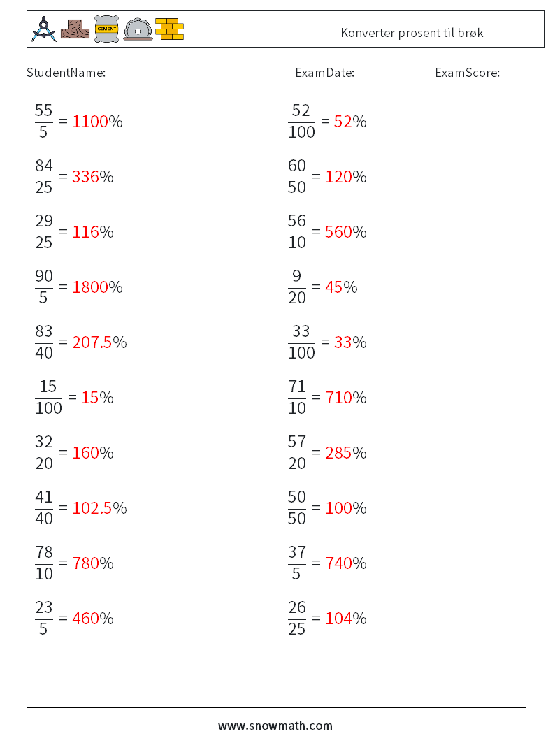 Konverter prosent til brøk MathWorksheets 7 QuestionAnswer