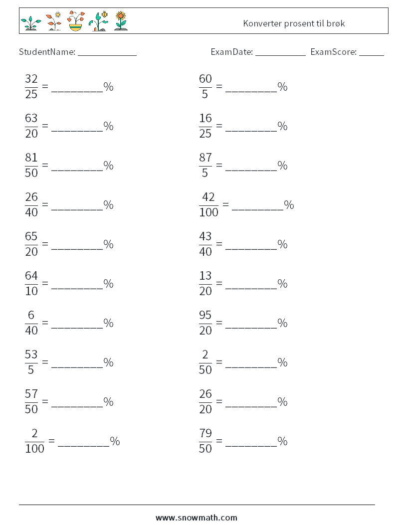 Konverter prosent til brøk MathWorksheets 8