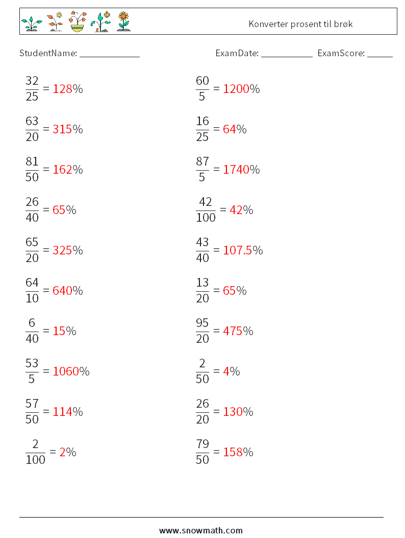 Konverter prosent til brøk MathWorksheets 8 QuestionAnswer