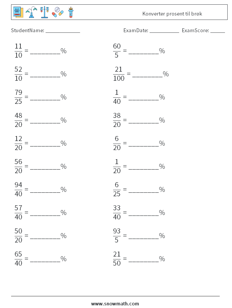 Konverter prosent til brøk MathWorksheets 9