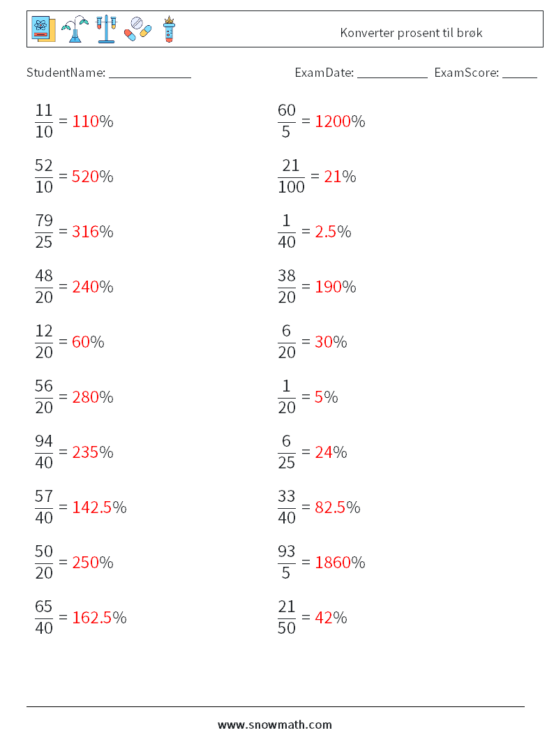 Konverter prosent til brøk MathWorksheets 9 QuestionAnswer