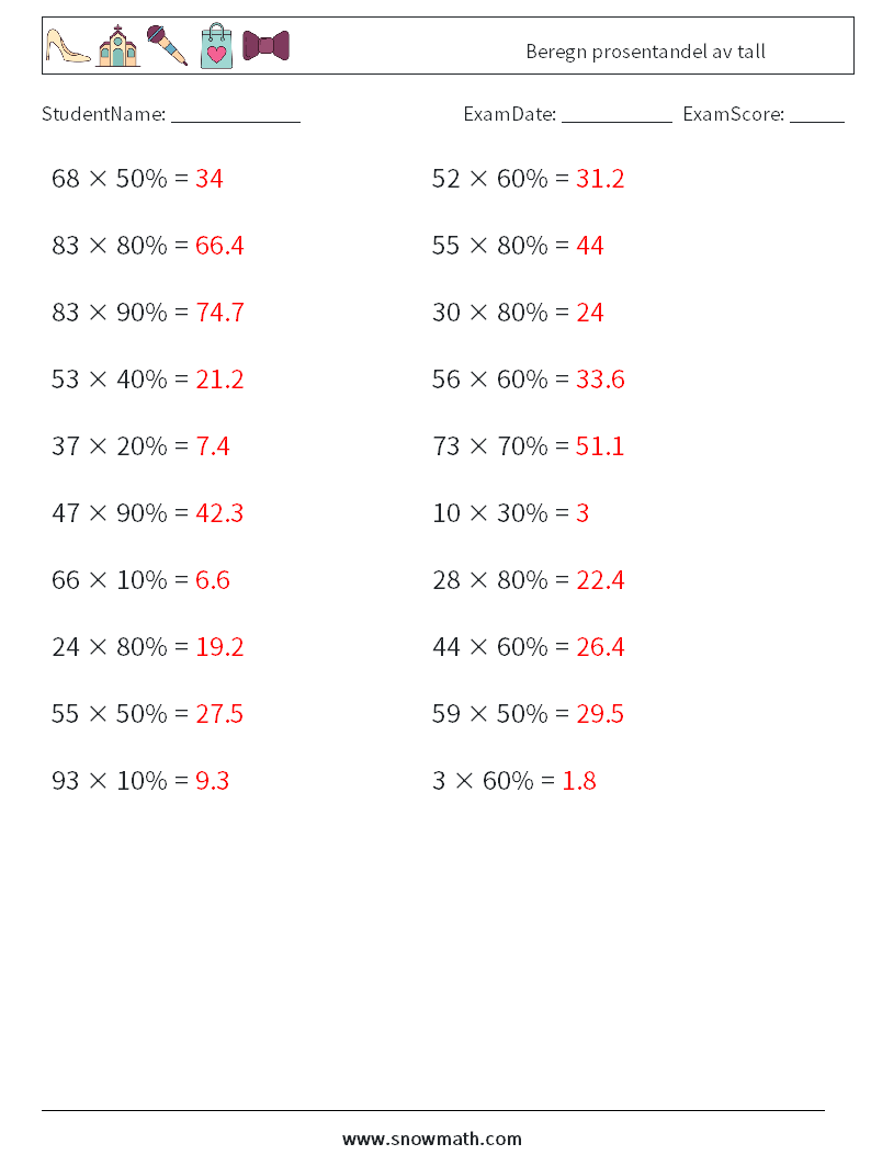 Beregn prosentandel av tall MathWorksheets 1 QuestionAnswer