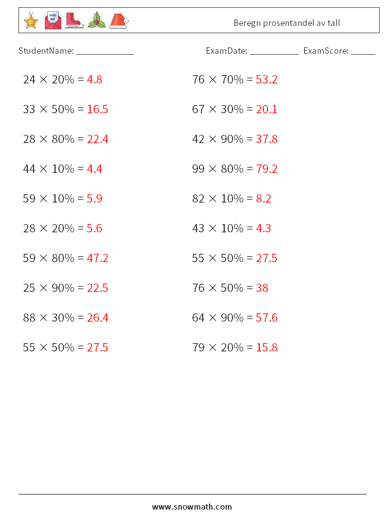 Beregn prosentandel av tall MathWorksheets 2 QuestionAnswer