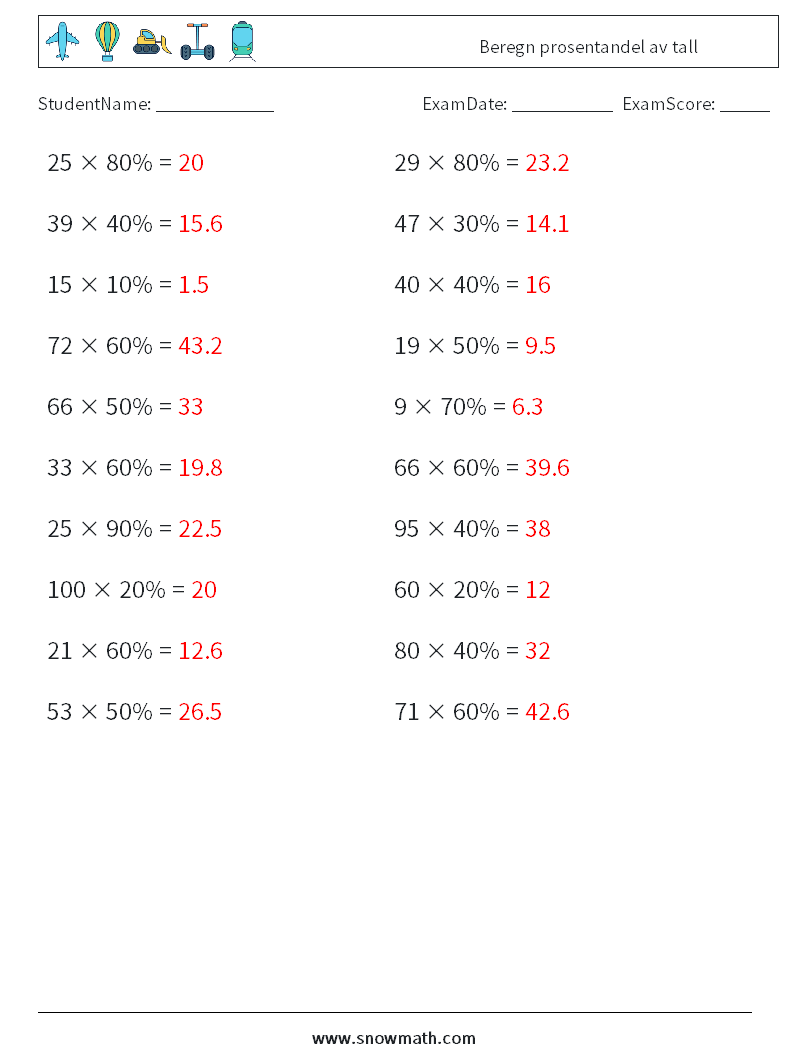 Beregn prosentandel av tall MathWorksheets 3 QuestionAnswer