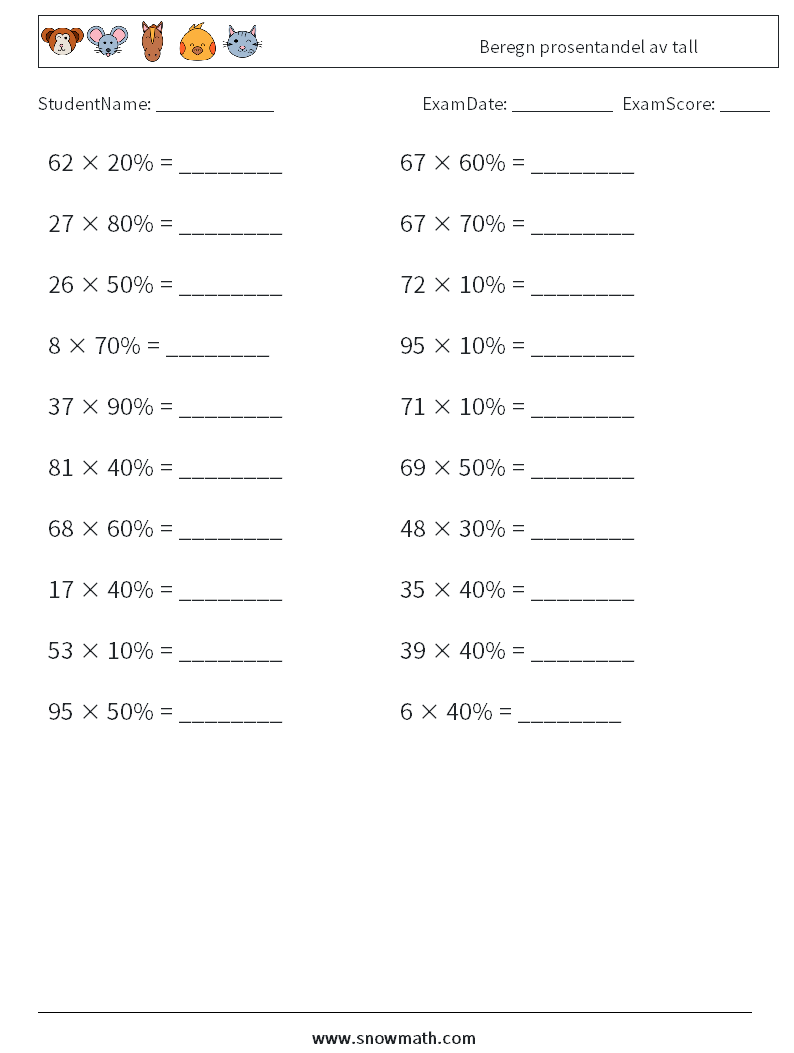 Beregn prosentandel av tall MathWorksheets 4
