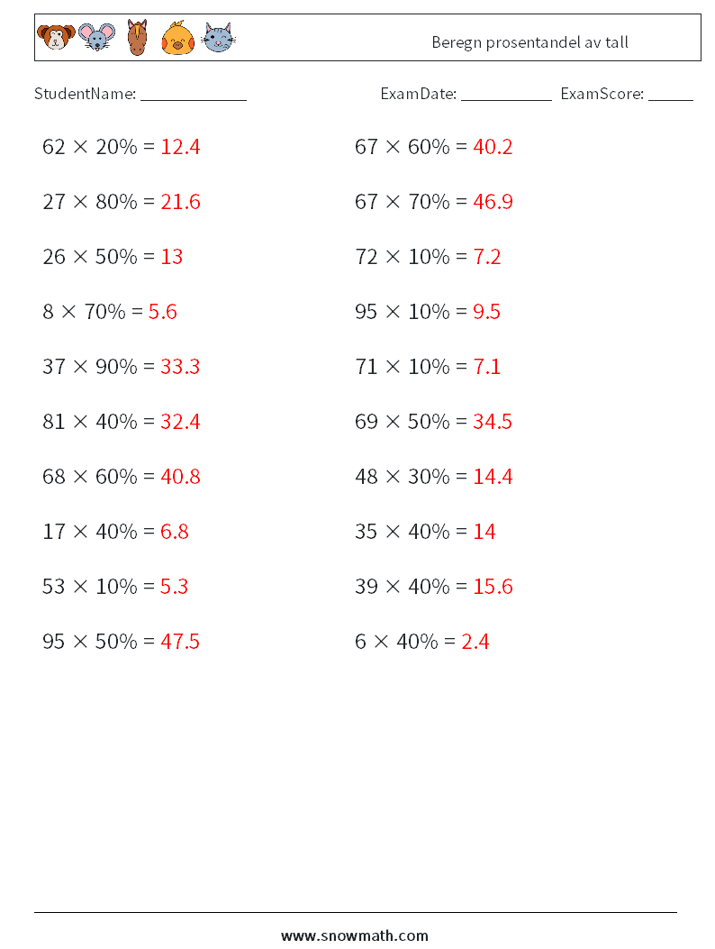 Beregn prosentandel av tall MathWorksheets 4 QuestionAnswer