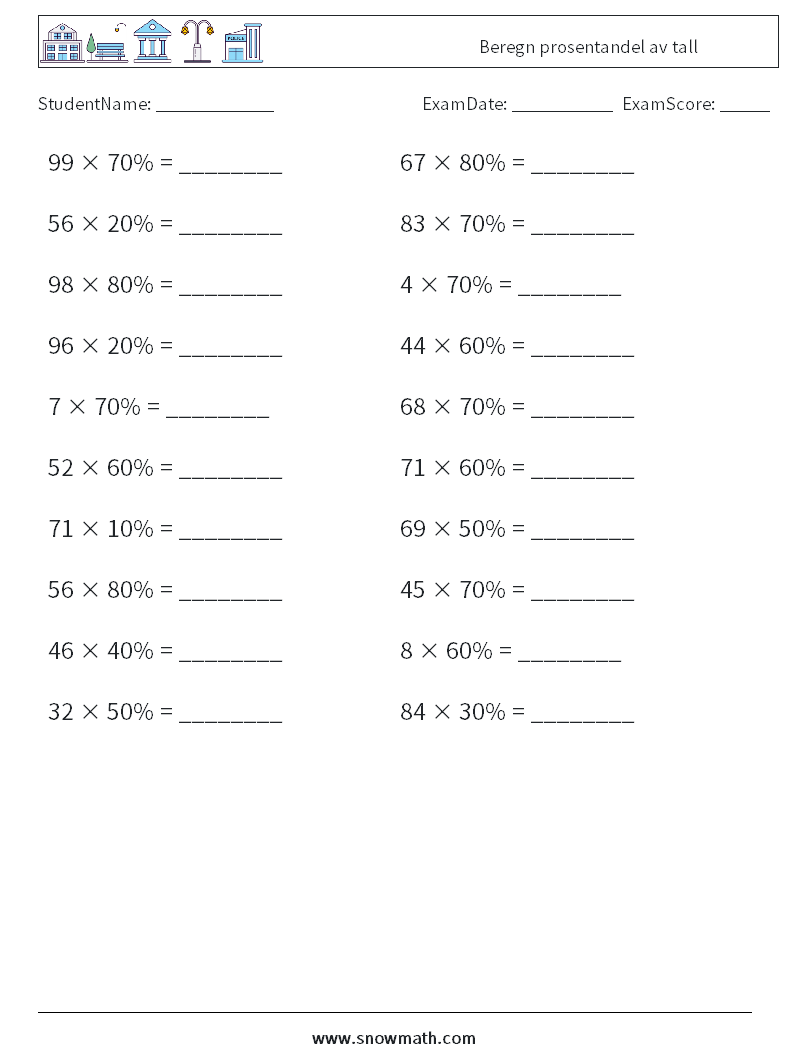 Beregn prosentandel av tall MathWorksheets 5