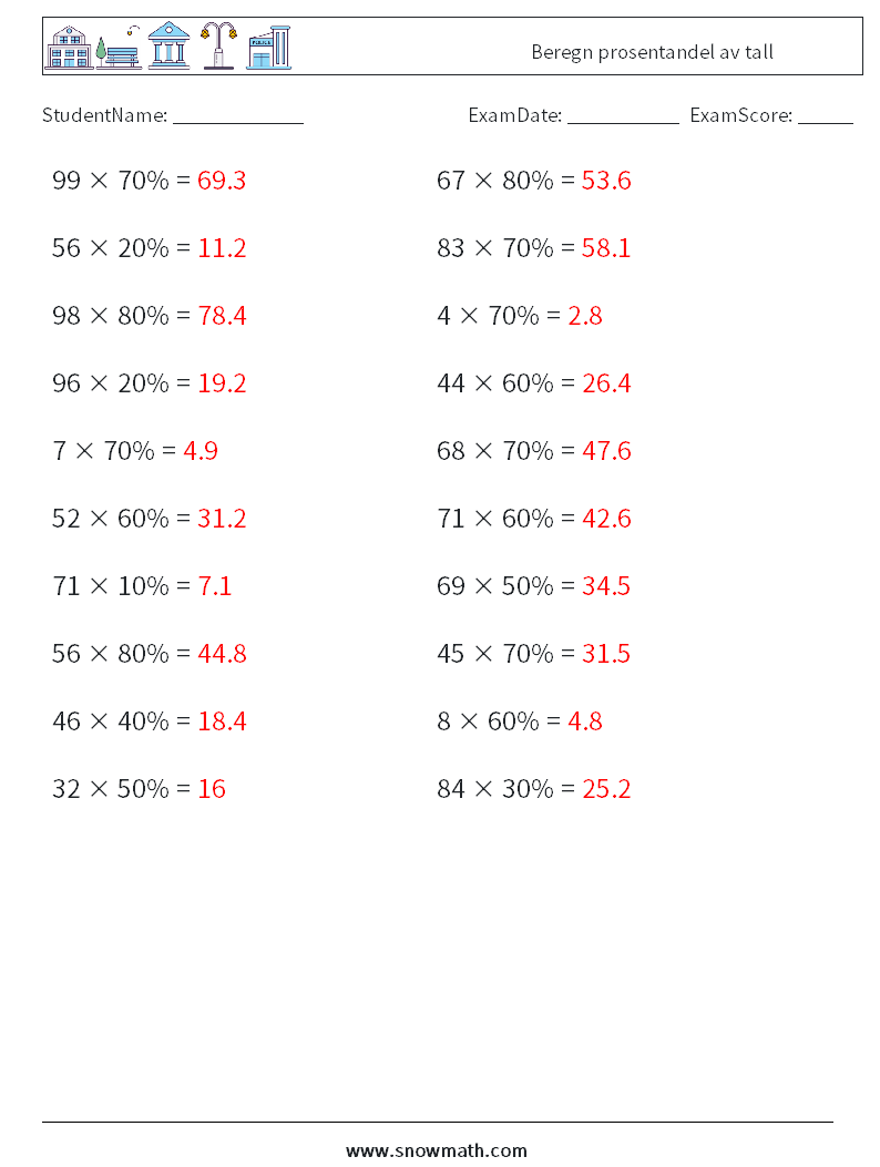 Beregn prosentandel av tall MathWorksheets 5 QuestionAnswer