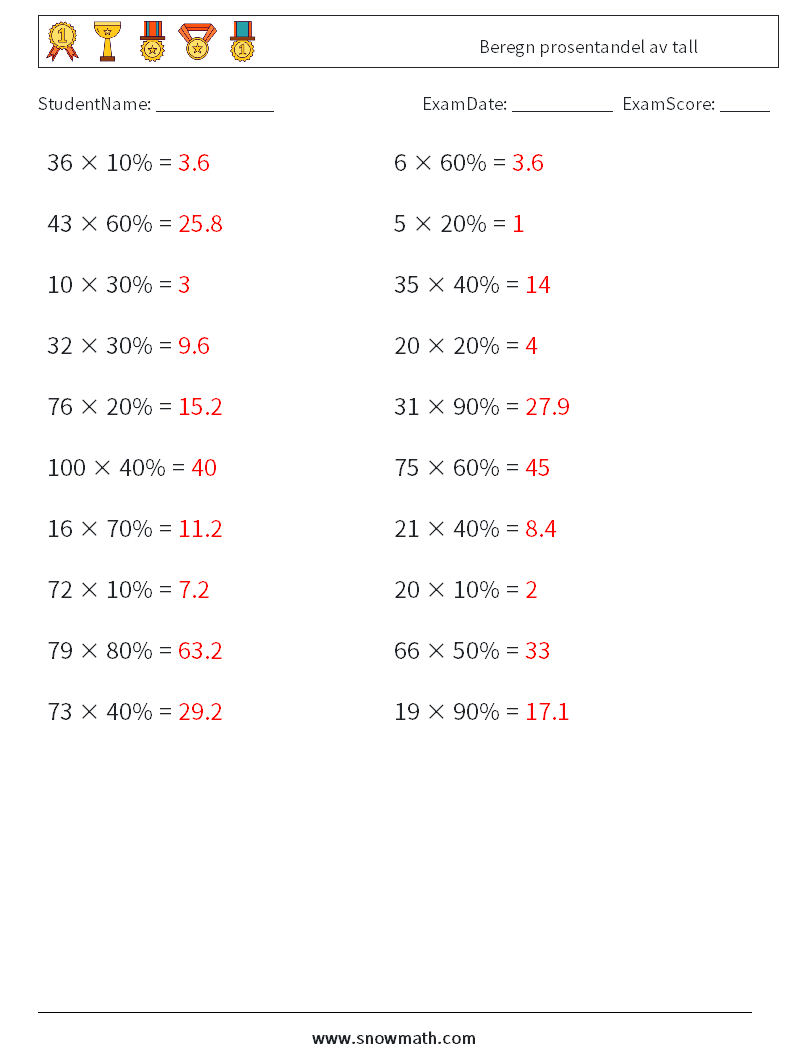 Beregn prosentandel av tall MathWorksheets 6 QuestionAnswer