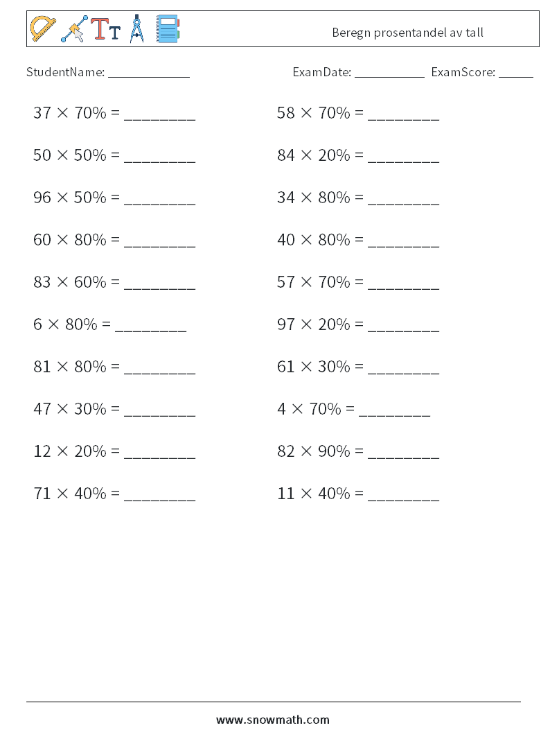Beregn prosentandel av tall MathWorksheets 7